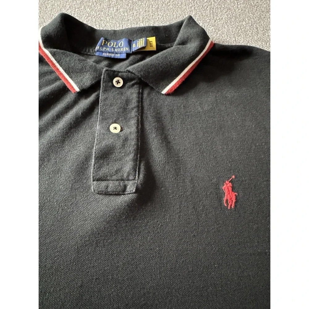 Polo Ralph Lauren Men's Black Polo Shirt With Red And White On Collar XL Classic